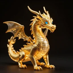 a glowing gold dragon with blue eyes against a black background, realistic style