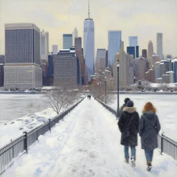 new - york skyline in winter, path traced, highly detailed, high quality, digital painting, alena aenami, lilia alvarado, shinji aramaki, karol bak, alphonse mucha, tom bagshaw