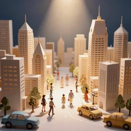 paper craft diorama of a city with people and cars