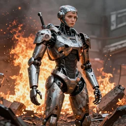 a female humanoid robot in an active warzone, damaged armor, vfx, fire, warzone, flames, scrap metal, dirty, dinged, scratched, damaged, complex lighting, trending on artstation, VFX, movie, nvidia, detailed, lighting, shadows