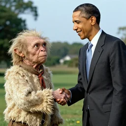A long-shot , color school photograph portrait of Gollum shaking hands with Obama, summer, day lighting, 1990 photo from photograph Magazine.