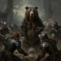 spirit bear god protects his warriors in battle, matte painting, epic, high fantasy, war, chiaroscuro, by richard dadd