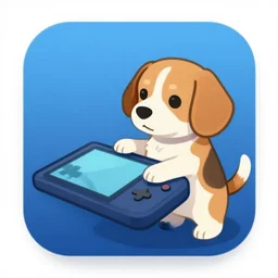 beagle dog playing handheld game console, digital art as an app icon