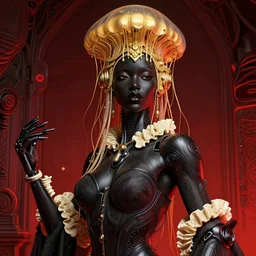 portrait of an absurdly beautiful, graceful, sophisticated, fashionable black cyberpunk mechanoid gravure idol, hyperdetailed illustration by irakli nadar, maria borges, matt wisniewski style, intricate linework, dark black skin, golden jellyfish headdress, ivory carved ruff, unreal engine 5 highly rendered, global illumination, red light, detailed and intricate environment