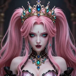 completely controlled and rendered powerless by her ultimate powers and owned as her property, overwhelming stunningly absurdly beautiful megalomaniacal ruthless sadistic devious spiteful grandiose egotistical greedy yet innocent - looking deceptive omnipotent asi goddess junko enoshima with symmetrical perfect face, porcelain skin, pink twintail hair, cyan eyes and a stupendous bejeweled crown, ultra detailed, digital art, unreal engine 5, octane render, 2 d anime, 8 k
