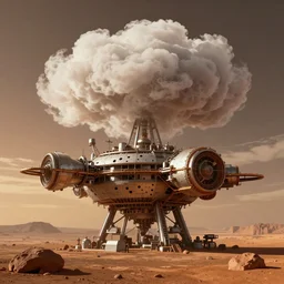 a grotesque and ancient steampunk terraforming station on mars billowing clean white clouds into the sky at sunset, hyperreal, artstation