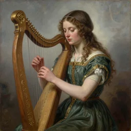 a painting of a beautiful medieval maiden playing the lyre , by john william waterhouse, by John William Godward, by austin osman spare, symbolist painting, mist, volumetric render, digital painting, detailed painting, occult, sharp focus, intrincate details, all inside frame