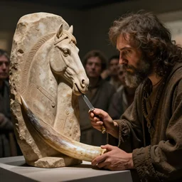 stone age man discovers art, a man shows off his interpretation of a horse etched on a piece of horn by a stone knife to an awe struck audience, circa 1 2, 0 0 0 b. c., high qulity realistic face, hyper - realistic, highly detailed, 8 k, cinematic lighting, global illumination, elegant, ornate, super detail, the light is dim, and