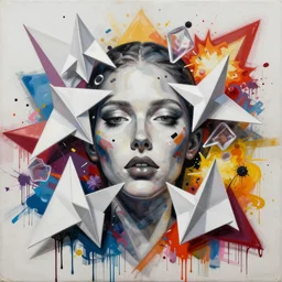 acrylic and spraypaint action portrait of giant origami twisted dreams of sophistication, exploded parts assembly, explosions, graffiti wildstyle, large brush strokes, painting, paint drips, acrylic, clear shapes, spraypaint, smeared flowers, large triangular shapes, painting by totem 2, jeremy mann, ashley wood, masterpiece