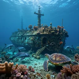 underwater shipwreck!!! surrounded by coral and dolphins and sea turtles, caustics, shallow depth of field, moody lighting, 8 k, concept art,