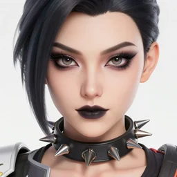 tracer overwatch wearing spiked collar, dark makeup, feminine facial features, detailed eyes, detailed face, artstation, 4 k,