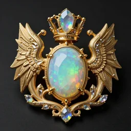 beautiful heraldic crest depicting iridescent opal crystals and intricate filigree forms, gilded, Highly detailed, hyperreal, high definition, 8k, 8k render, realistic lighting, cinematic, product shot, dramatic