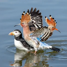 a realistic photo of a semi - translucent bird water creature in action, feathers exotic morphing hoopoe, pheasant merged sky animal, atlantic puffin, turaco morphing chicken, water sea lake underwater, clear, global illumination, refraction, king vulture head, displacement map, bump map, normal map