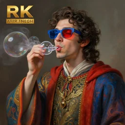 an anthropomorphic beautiful male wizard portrait blowing bubbles wearing colourful robe, blue and red 3 d glasses, curly hair, fine art, award winning, intricate, elegant, sharp focus, octane render, hyperrealistic, cinematic lighting, highly detailed, digital painting, 8 k concept art, art by jamie hewlett and z. w. gu, masterpiece, trending on artstation, 8 k