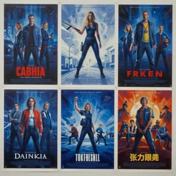 oil painting collage of tv show posters on a wall, with blue themes, messy, highly detailed, stylized