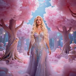 gone wild Carmen Electra, enchanted, magical, cotton candy trees,  cinematic shot, intricate, ornate, photorealistic, ultra detailed, realistic, 100mm, photography, octane, high definition, depth of field, bokeh, 8k, behance, artstation