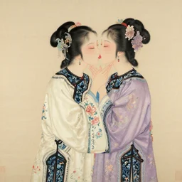 a beautiful painting girls in the qing dynasty kiss, by zhangda qian painting