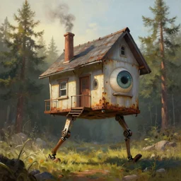 a walking house with mechanical legs, one big eye, smoky chimney, rust, hyperrealistic, highly detailed, cinematic, single ray of sun, morning, pareidolia, dynamic composition, gravity falls style, beautiful, pine trees in the background, cgssociety, artstation, 8 k, oil painting, by rhads