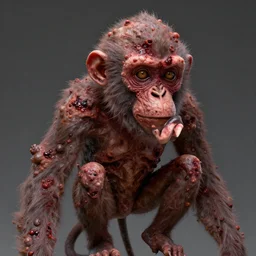 measles on a deformed hideous pustule covered monkey, sores, bumps, skin wounds, surface hives, growths, horror, fantasy, highly detailed, by Dan Hillier