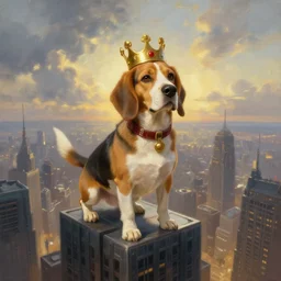 a fantasy painting of a beagle king, stood on a skyscraper overlooking a vast city, war, cinematic, beautiful lighting, dramatic