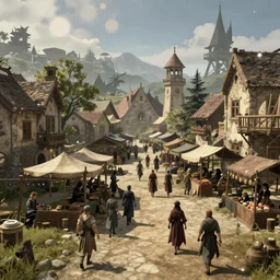 skyrim screenshot of the market of the town, daylight, 8 k octane render, enb, bokeh, ambient occlusion.
