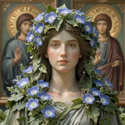 goddess of greek mythology portrait, amalgamation of leaves and flowers, orthodox saint, beautiful raking sunlight, nemophila flowers. intricate artwork by Tooth Wu, James jean, Miho Hirano, Hayao Miyazaki. octane render, trending on artstation, greg rutkowski. cinematic, hyper realism, high detail, octane render, 8k