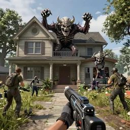 an fps game about hp lovecraft monster boss fight in a house realistic graphic firstperson shooter game, realistic, ultra setting, highly detailed, fps game, game of the year, raytracing on, rtx 3 0 9 0 ti, gta v, death stranding game