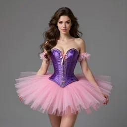 brunette fairy woman with long hair, wearing purple corset and pink tutu, centered, fantasy, highly detailed, digital painting, trending on artstation, concept art, sharp focus, illustration, art by artgerm and greg rutkowski and magali villeneuve