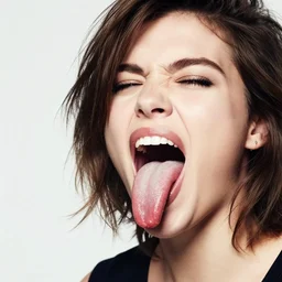 incredible realistic vivid studio portrait, the model shows their incredibly long tongue, in the style of annie leibovitz, 8 k resolution, vsco film