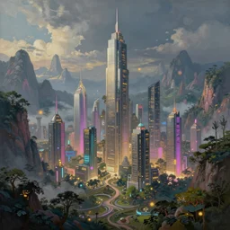 ultra realist intricate detailed landscape painting of a utopian world with skyscrapers and neon lights, trees and mountains, very intricate details, bokeh focus, 8 k render, artstyle andree wallin, award winning