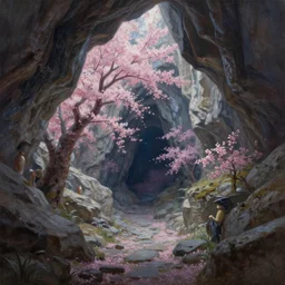 scifi nightclun in a cherry blossom limestone cavern. oil painting by indie concept artist. backlighting, chiaroscuro, intricate details, field of depth.