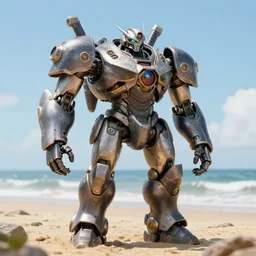 mega mech at the beach, realistic, 8 k, extremely detailed, cgi, trending on artstation, hyper - realistic render, by greg rutkowski