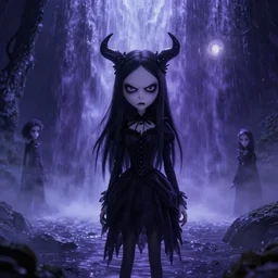 full shot portrait of angry darkness cute anime girl under waterfall at moonlight, gothic wearing, inspired by Tim Burton, Norihiro Yagi, Marc Simonetti, Amano, Juri Misaki, detailed, unreal engine 4k volumetric light, fog, purple color palette