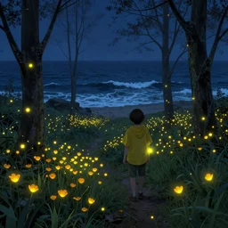 fireflies around the ocean inspired by Evgeny Lushpin,flower meadow,spring,cinematic,trending on ArtStation