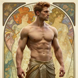 muscular james bradley, abstract background, alphonse mucha, rhads, ross tran, artstation, artgerm, octane render, 1 6 k