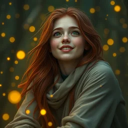 infp young woman, smiling amazed, golden fireflies lights, sitting in the midst of nature fully covered, long loose red hair, intricate linework, bright accurate green eyes, small nose with freckles, oval shape face, realistic, expressive emotions, dramatic lights spiritual scene, hyper realistic ultrafine art by artemisia lomi gentileschi, jessica rossier, boris vallejo