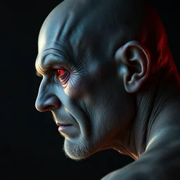 detailed side - view portrait of an evil 6 0 year old man, grey skin, blemished skin, red eye shadow, bald and shaven, masterful, backlit