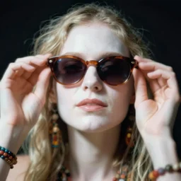 out of focus photorealistic portrait of a beautiful hippie woman with sunglasses by saul leiter, very blurry, translucent white skin