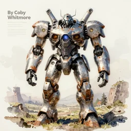 concept art sheet of a mech robot, pinterest, artstation trending, behance, watercolor, by coby whitmore *, silver, rust