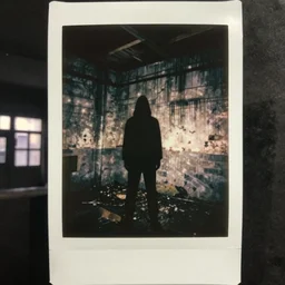 a tall dark shadowy figure standing in the corner of the basement of an industrial building, abandoned, creepy!!, grainy, eerie, terrifying, horrorifiying, old polaroid, expired film,