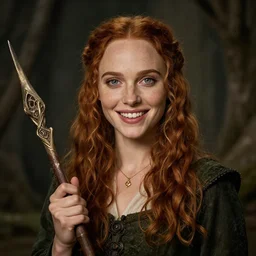 young ginger, freckled Natalie Portman as a cheerful alchemist, highly detailed, dramatic, fantasy concept art by terry wei, OWL Studio and J.Dickenson, trending on Artstation, Pinterest, inspired by Lord of the Rings