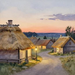 paint brush strokes, abstract watercolor painting of rustic village at nightfall, straw roof, viking town, lantern, ambient lighting, art by hans dahl, by jesper ejsing, art by anders zorn, wonderful masterpiece by greg rutkowski, cinematic light, american romanticism by greg manchess, creation by tyler edlin