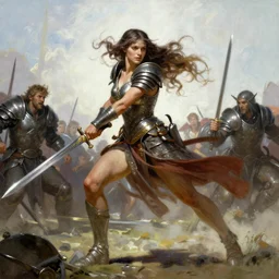 A full portrait of a very beautiful berserker woman, running into battle holding a sword, by Frank Frazetta, Greg Rutkowski, Boris Vallejo, epic fantasy character art, goddess of war, Exquisite detail, elven armor post-processing, low angle, masterpiece, cinematic