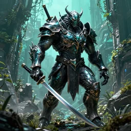 post - gothic giant muscular humanoid chimera, exoskeleton armor, holding katana, dystopian ruins covered in vegetation, highly detailed smooth digital art masterpiece, vitaly bulgarov giger dramatic dark teal light, ground angle hd 8 k, sharp focus
