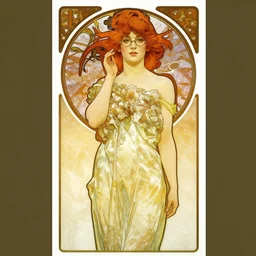 Art nouveau vertical poster of a very very very beautiful redheaded woman with glasses wearing a flower dress, elegant pinup, in the style of Alphonse Mucha
