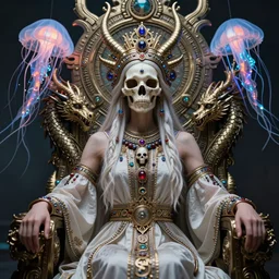 demon goddess close-up portrait tribal slavic russian princess skull, sitting on intricate throne, ancient high tech, cyberpunk, dystopian, jellyfish phoenix dragon, butterfly squid, burning halo, intricate artwork by Tooth Wu and wlop and beeple, greg rutkowski, very coherent symmetrical artwork, cinematic, hyper realism, high detail, octane render, unreal engine, 8k, Vibrant colors, Smooth gradients, High contrast, depth of field, aperture f1.2