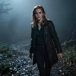 emma watson approaches on a dark foggy evening, horror movie cinematography, atmospheric, cinematic, hazy