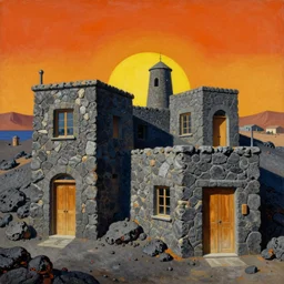a surrealist painting of melting lava stone buildings with wooden doors and glass windows. on a hill in the spanish saharan mountains in the scorching sun, in the style of dali