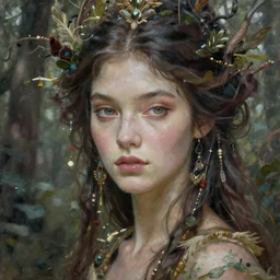 portrait of a beautiful forest goddess, graceful beauty, esoteric, muted colors, head in focus, fantasy art, nature aesthetics, intricate, elegant, highly detailed hyperrealistic painting, artstation, concept art, painterly, sharp focus, illustration, art by ive freya
