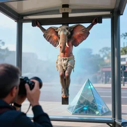 a perfect technicolor photograph of a man elephant crucified to a bus shelter, astral projection after an inhuman dose of lsd. he is levitating and vibrating in synchrony with a glass pyramid. there is a photographer taking close up pictures of his neck.